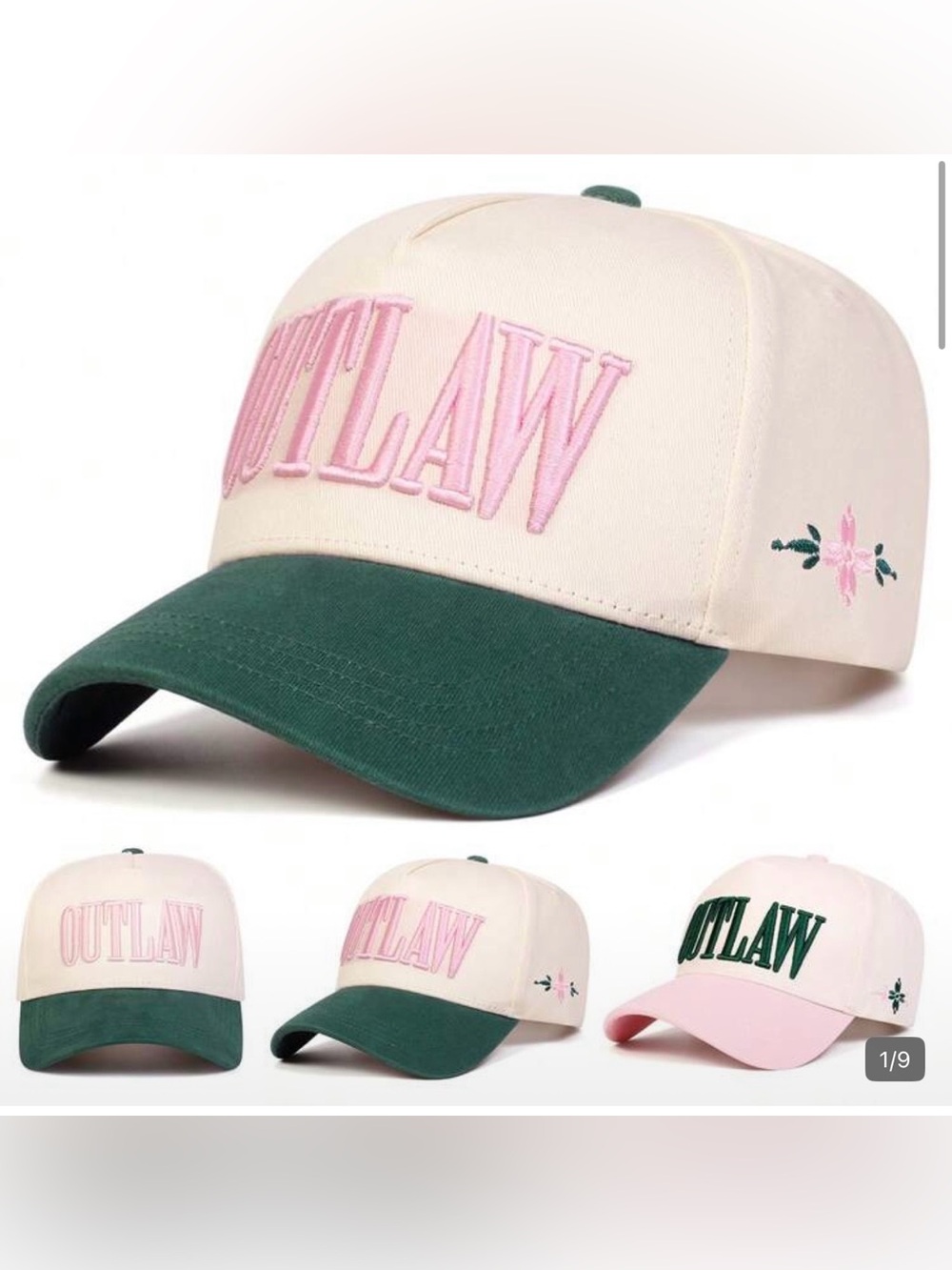 Outlaw women’s Baseball Cap - Cream & Forest Green with Pink Embroidery